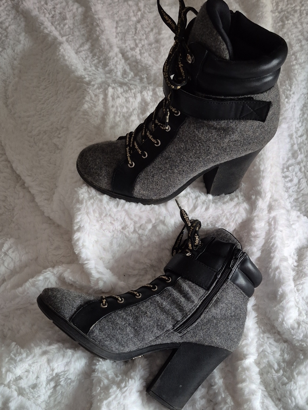 Juicy Couture Gray Flannel Stack Heel Combat Boot
